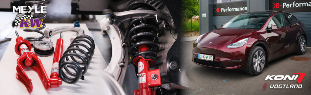 Koni+ Komfort Fahrwerk inkl. Vogtland Komfortfedern by Reber mit KW Stützdomlager und Meyle HD Querlenker für Tesla Model Y